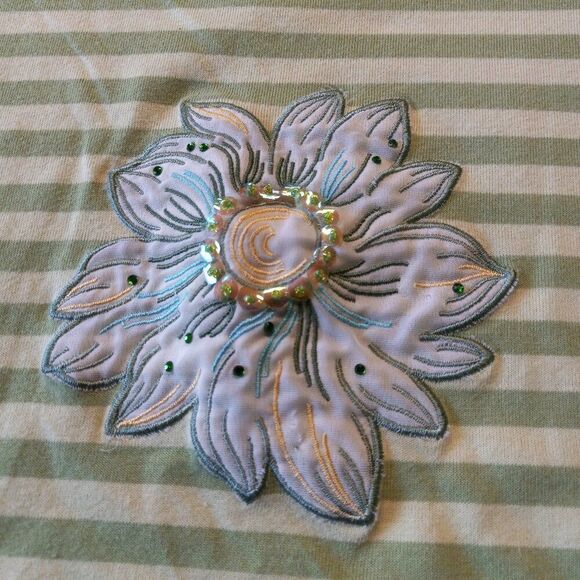 Extra Shenanigans Women's 3X Cotton Blend Floral Embellished Green Stripe Shirt - Picture 2 of 7